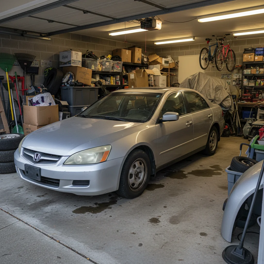 Silver sedan in cluttered garage with boxes and tools visible