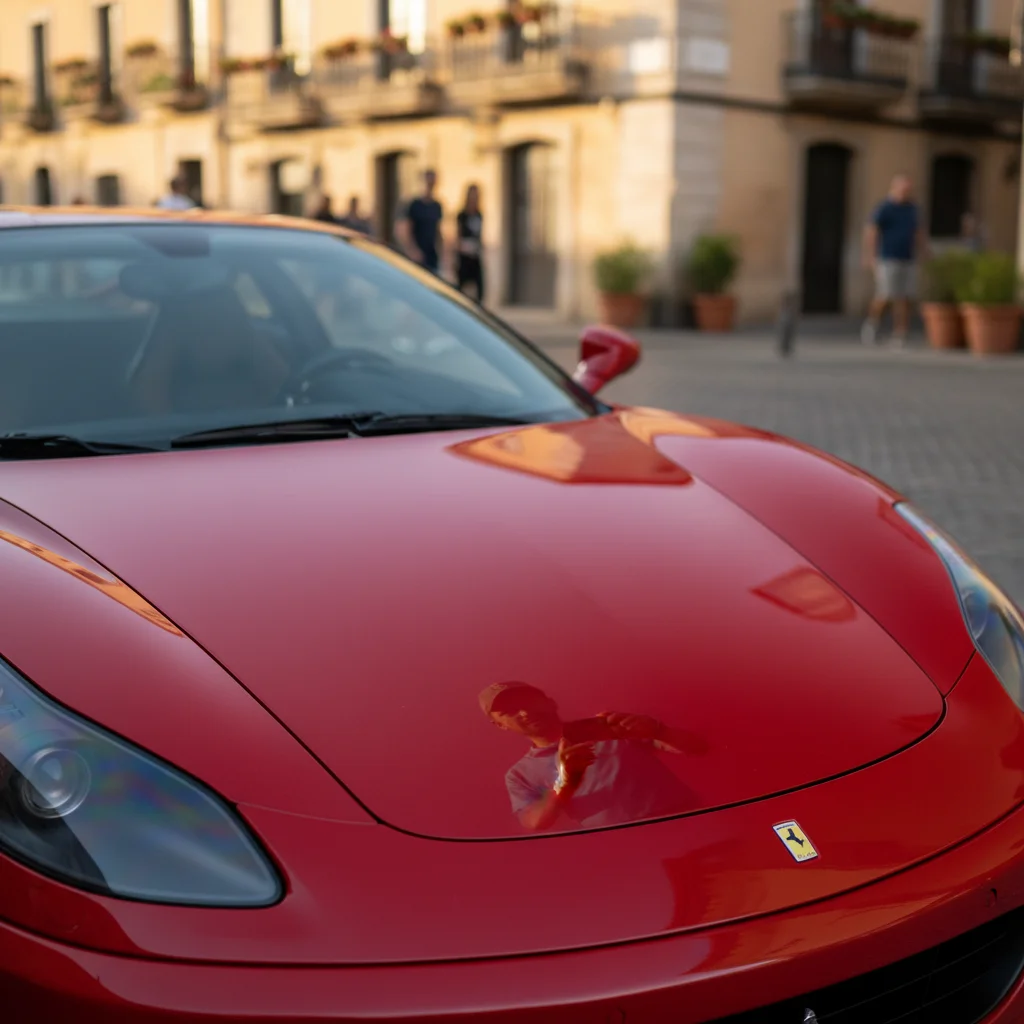 Red sports car with photographer's reflection in door panel