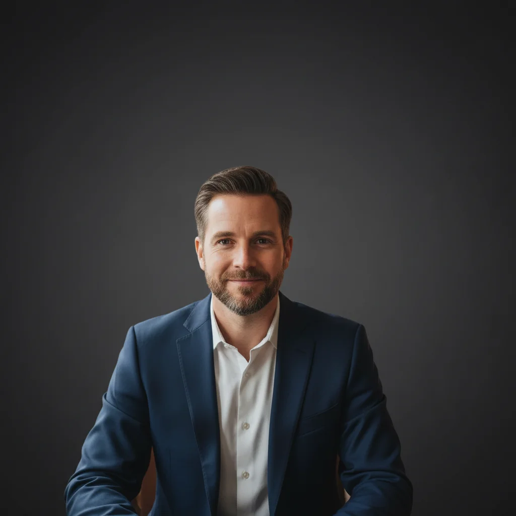 Executive CEO headshot with dark charcoal studio backdrop and professional lighting
