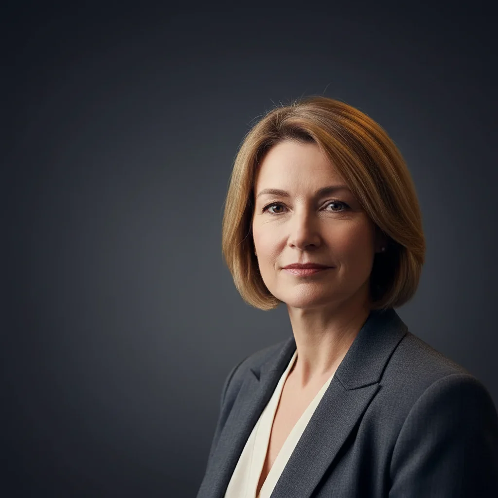 Polished CEO headshot with clean dark background and studio lighting