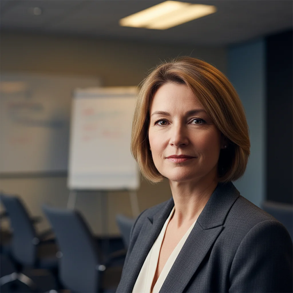 Woman in blazer cropped from conference room photo with blurred chairs behind