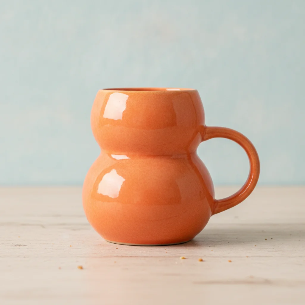 Orange ceramic mug on wooden table against light blue wall