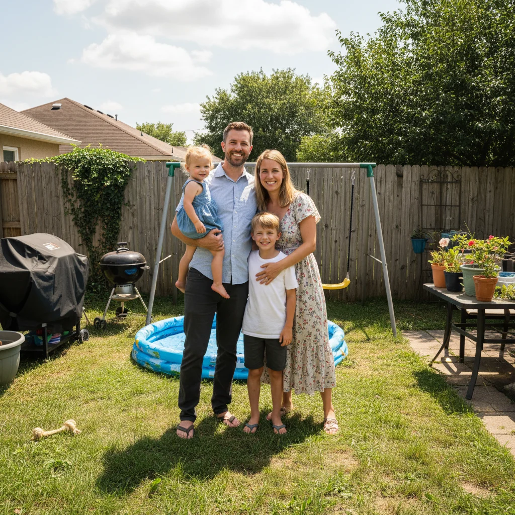 Family in backyard with fence and grass