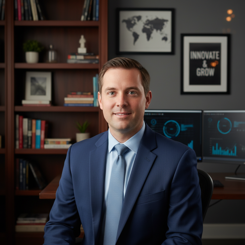 Professional portrait with home office clutter and posters visible
