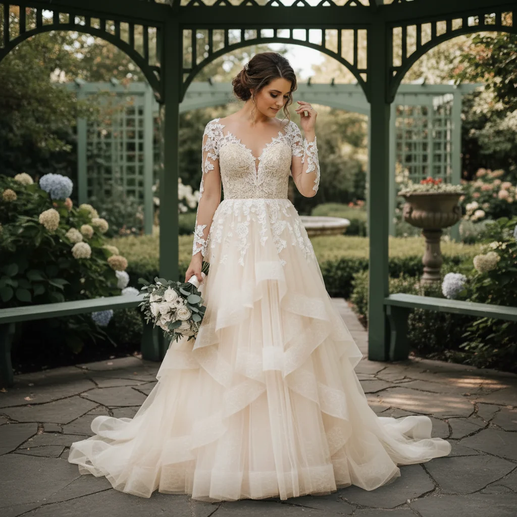 Same bride with dress changed to warm champagne gold