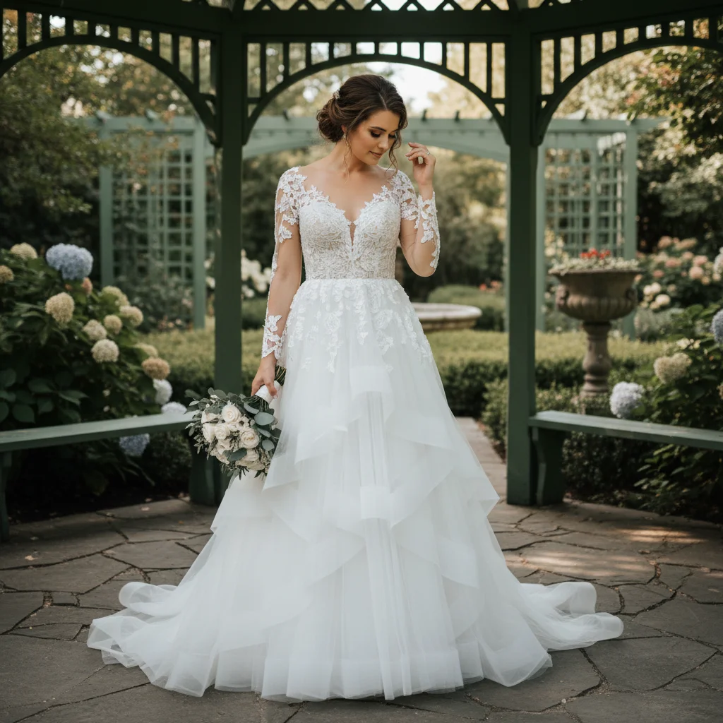 Bride in pure white wedding dress with lace details