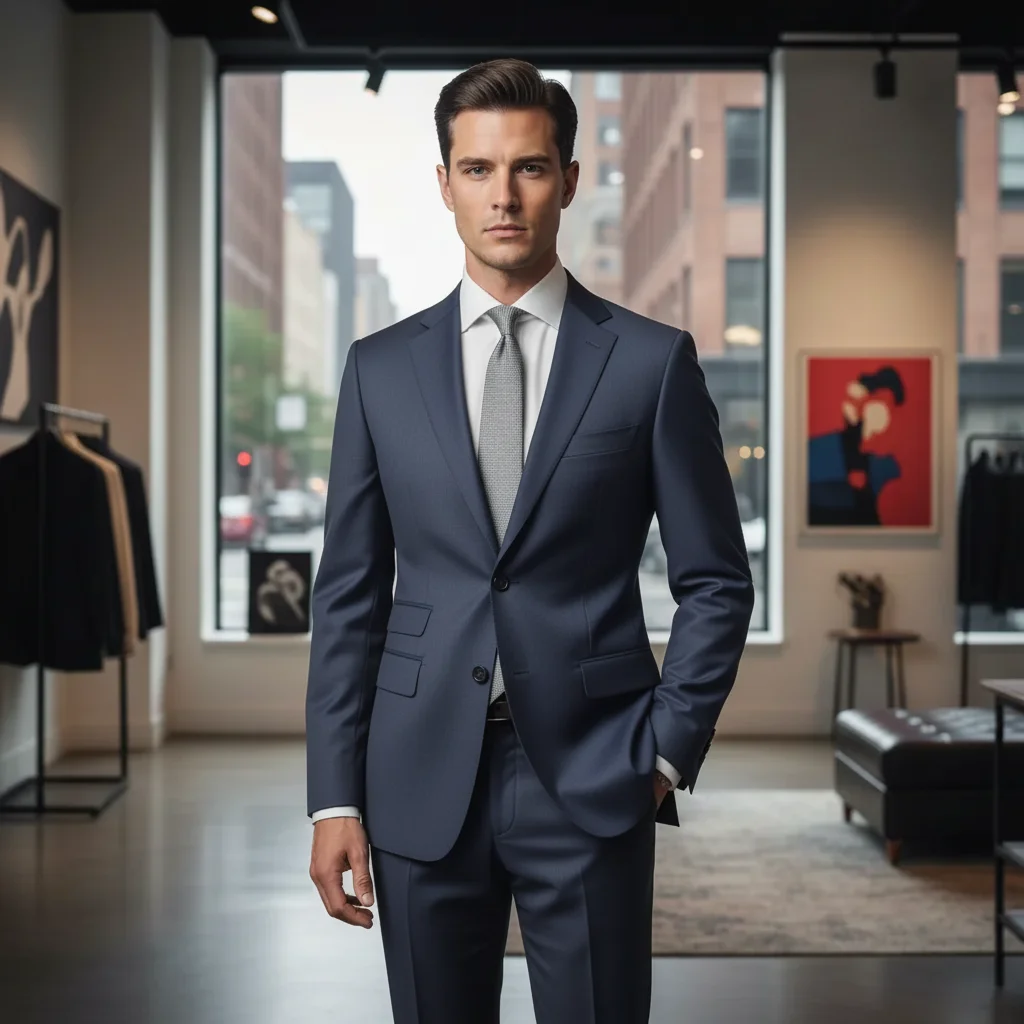 Same man with suit changed to deep navy blue