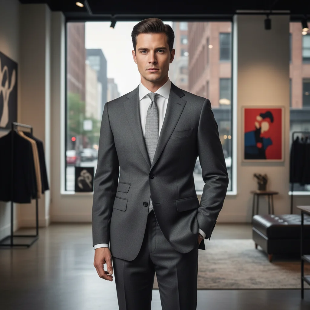 Man in charcoal gray business suit on white background