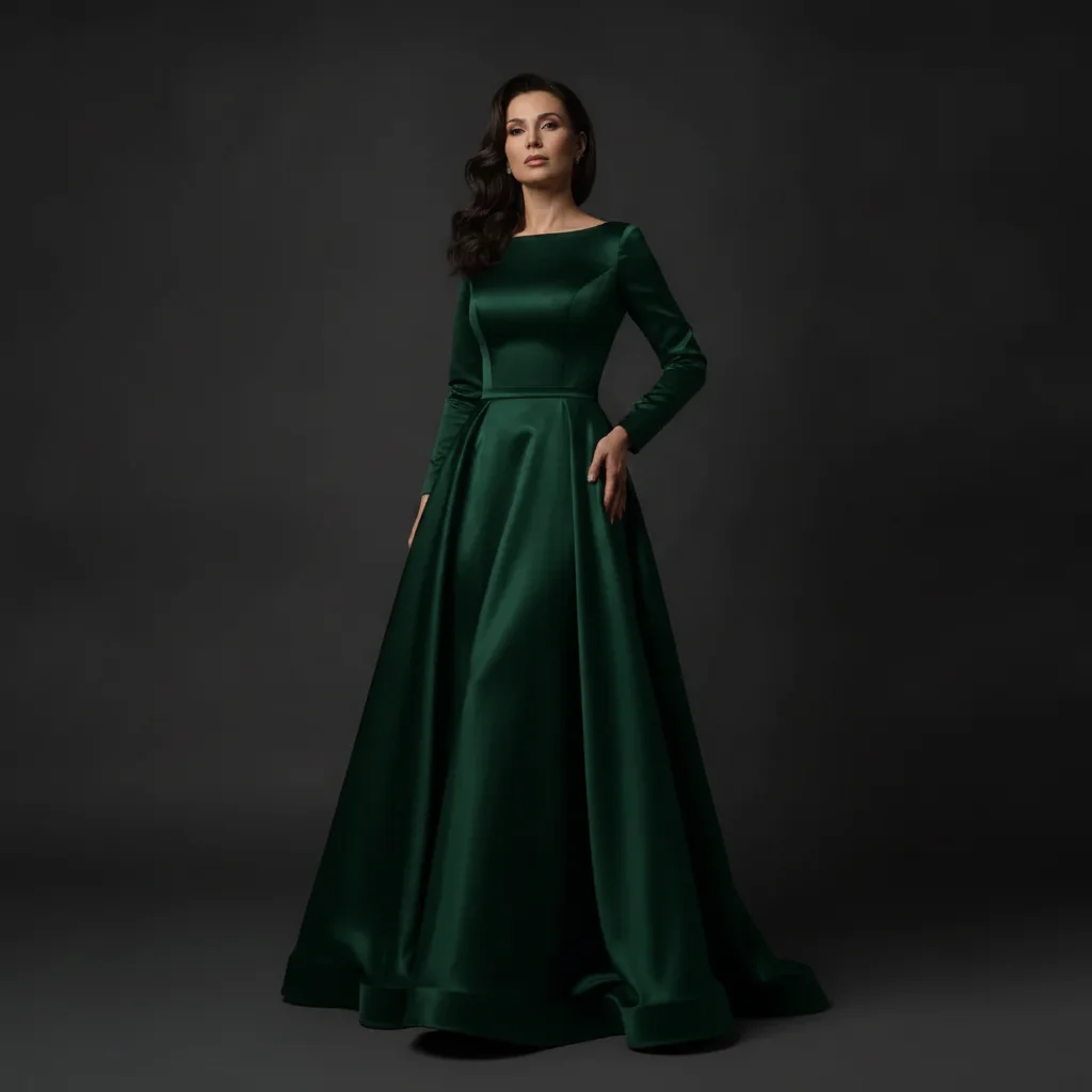Same woman with gown recolored to deep emerald green