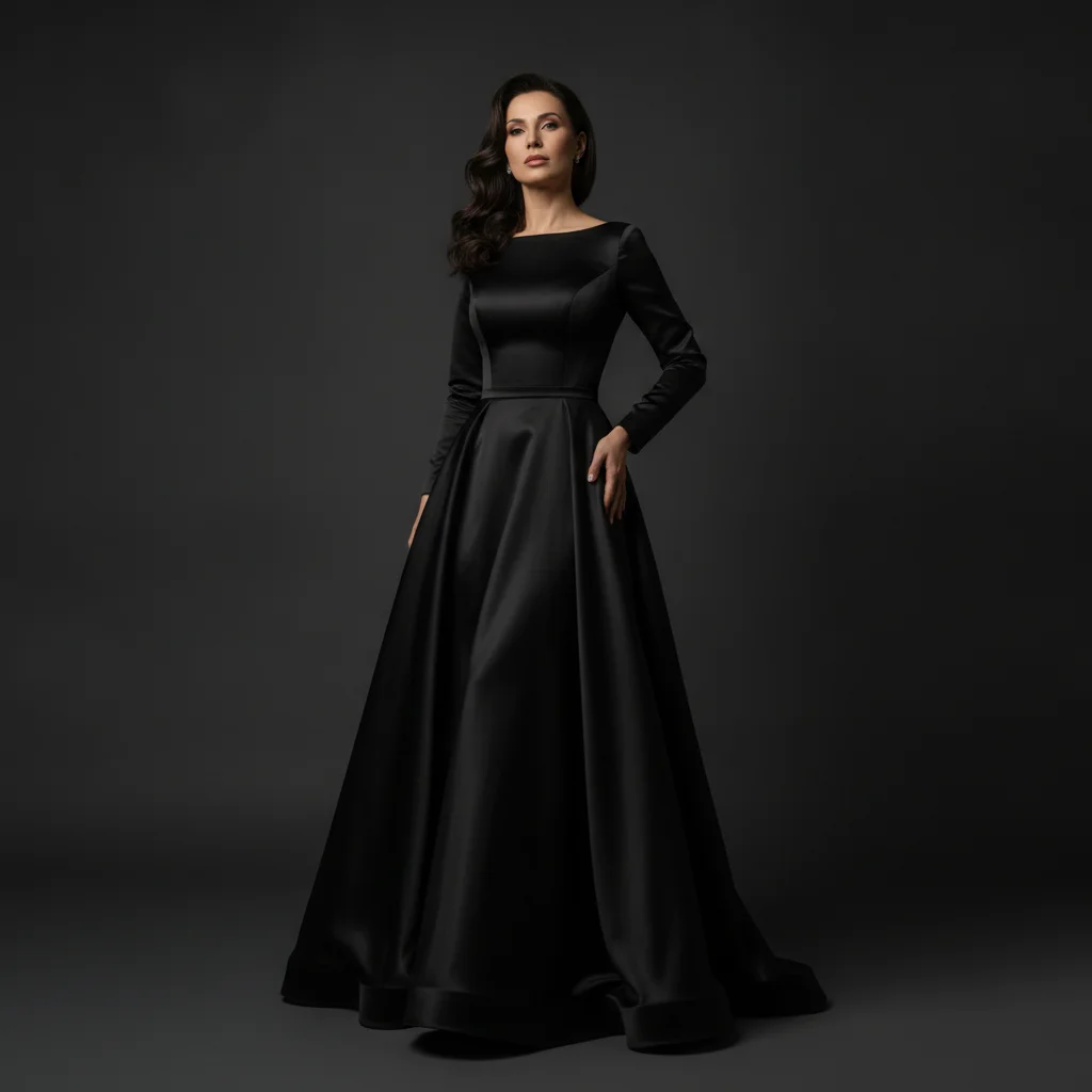 Woman in floor-length black satin evening gown