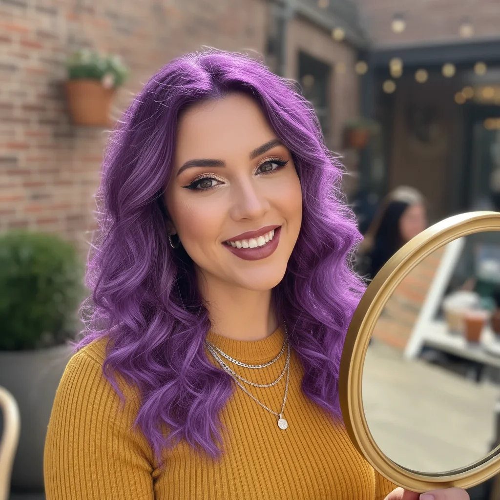 Same woman with vibrant purple hair