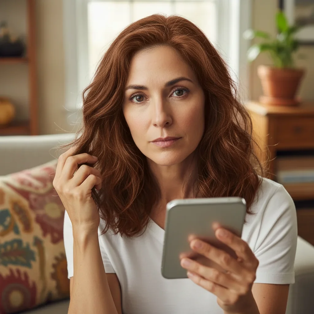 Same woman with natural auburn brown hair, gray covered