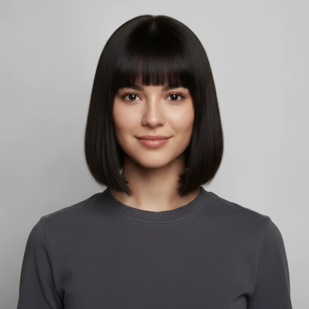 The same woman with a sharp chin-length bob and a blunt fringe