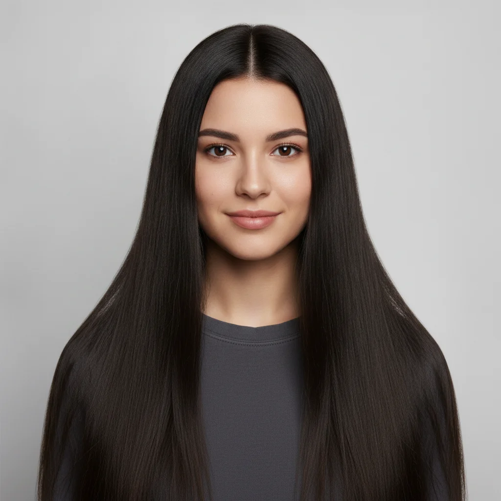 Woman with long straight black hair falling to her mid-back