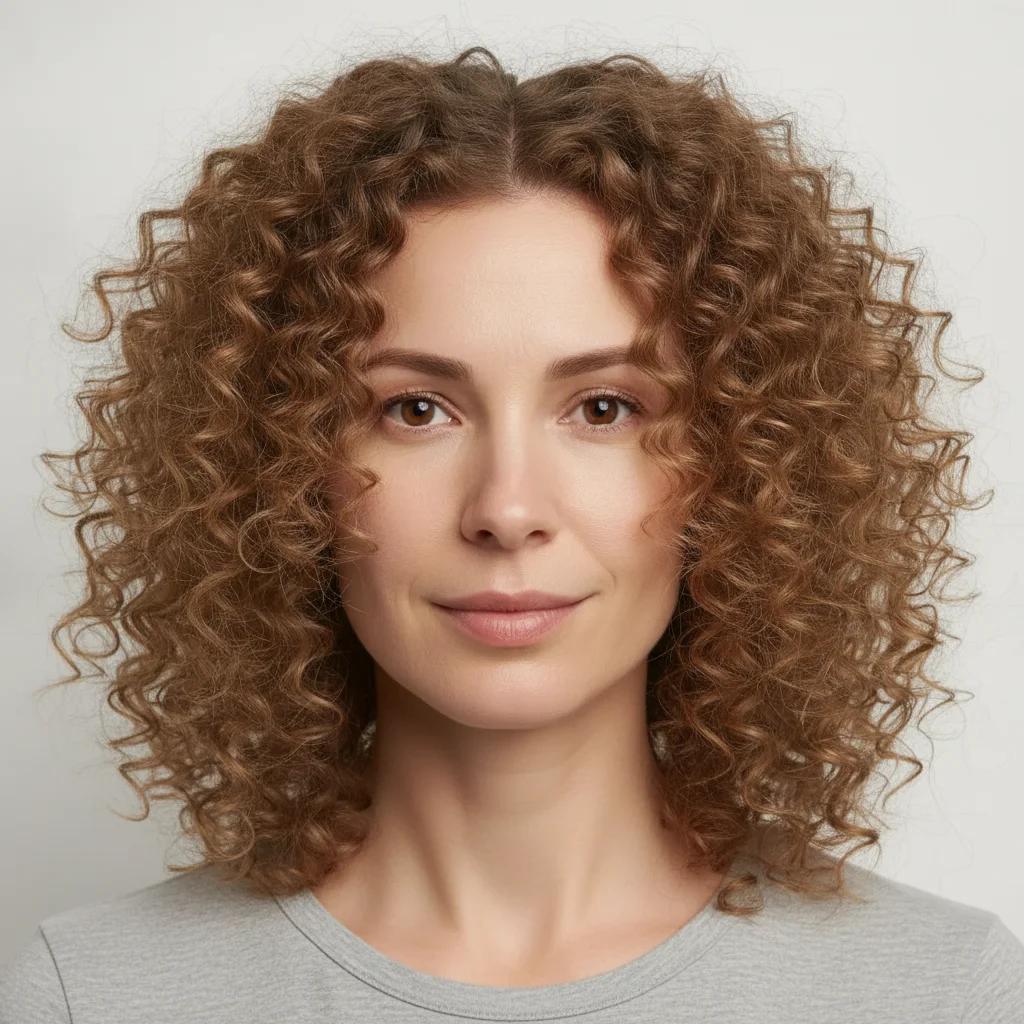 The same woman with her hair restyled into bouncy ringlet curls, same light brown colour and length