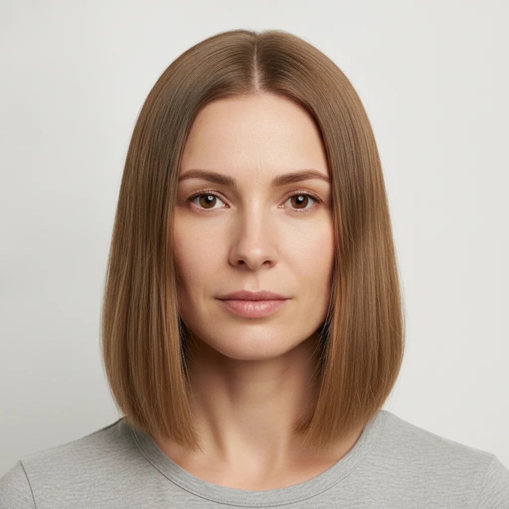 Woman with poker-straight light brown hair just past her shoulders against a plain white background