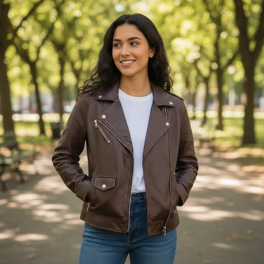 Person in dark brown leather jacket