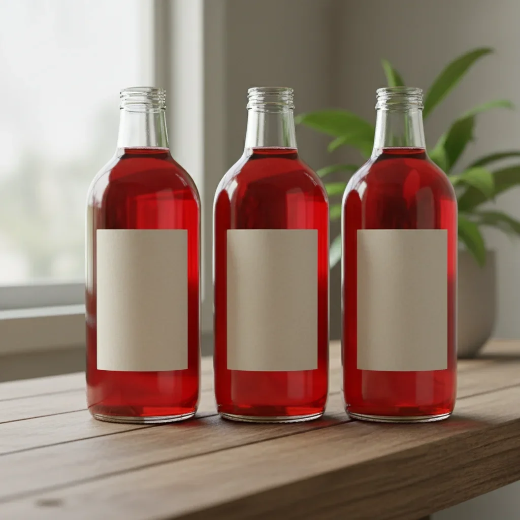 Row of bottles with red liquid arranged on a surface