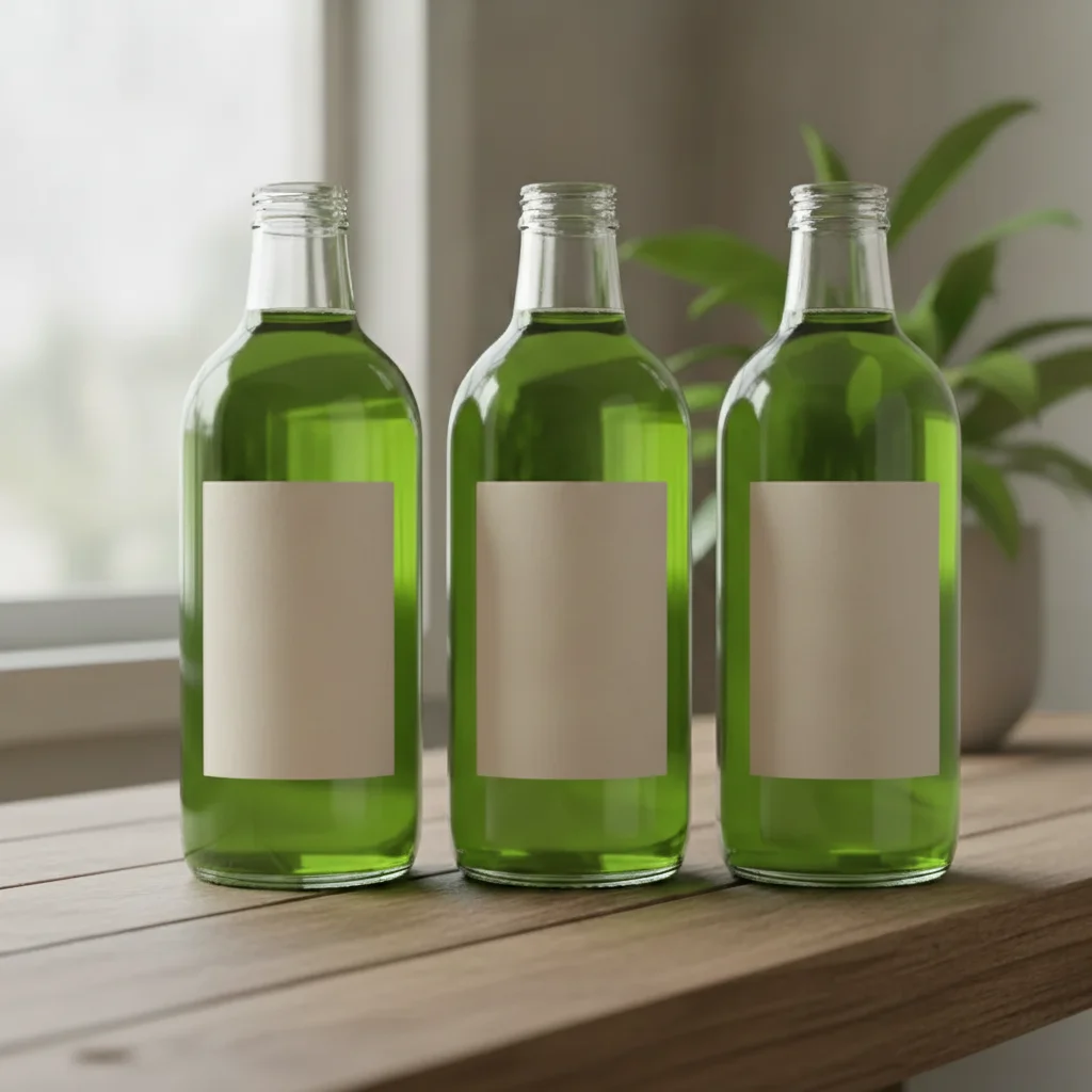 The same three bottles with the liquid changed to green; the bottles, labels, and background are unchanged