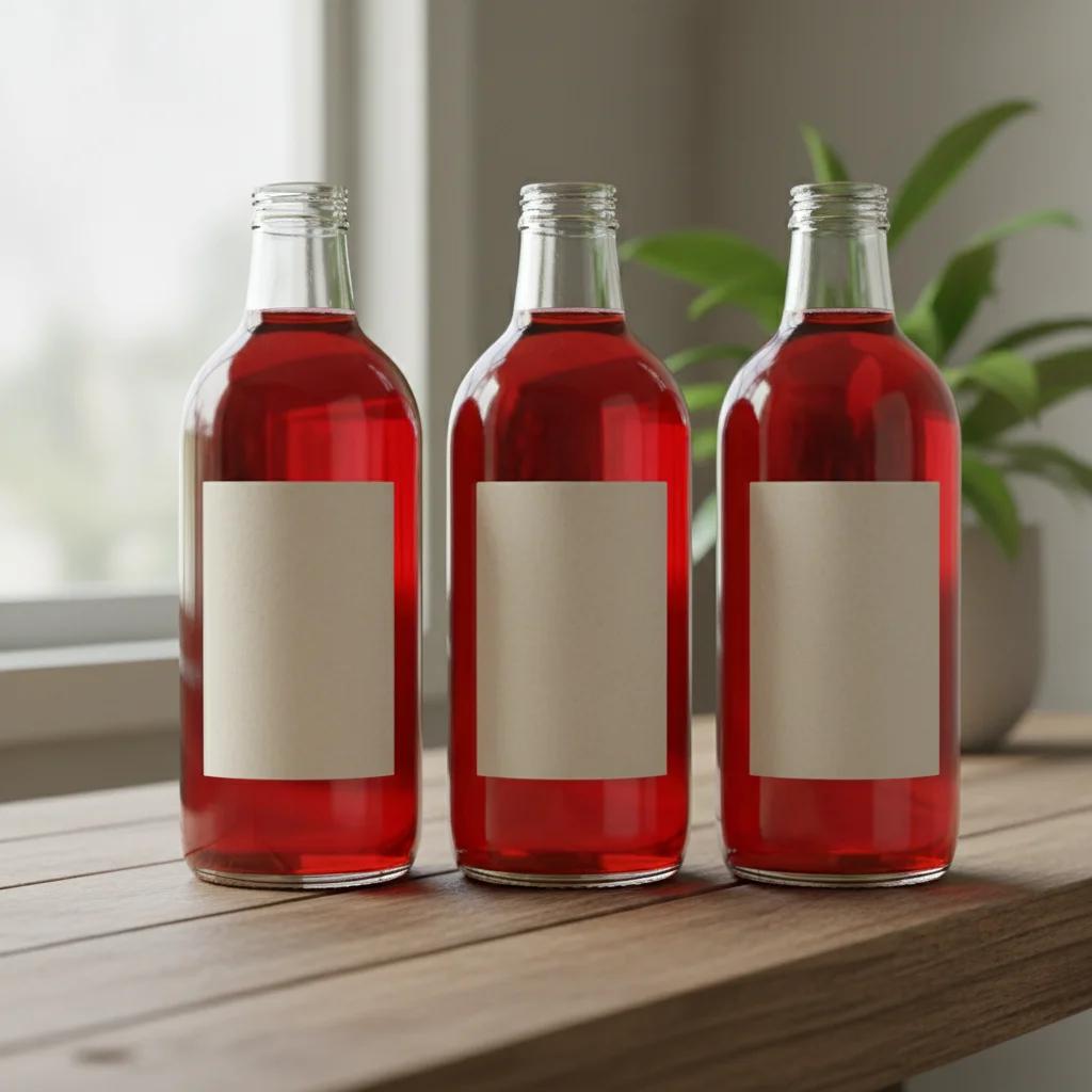 Three clear glass bottles filled with bright red liquid and blank labels, standing on a wood table near a window with a potted plant in the background