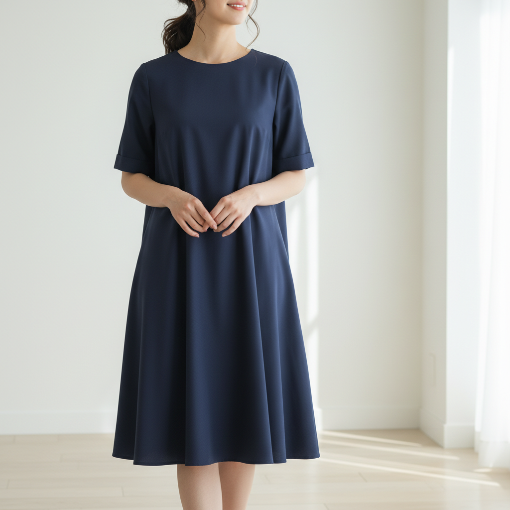 Woman wearing simple navy blue a-line dress