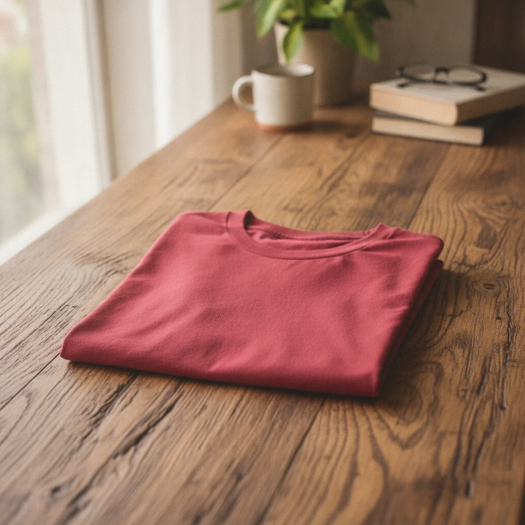 Red t-shirt on wooden table with cluttered background