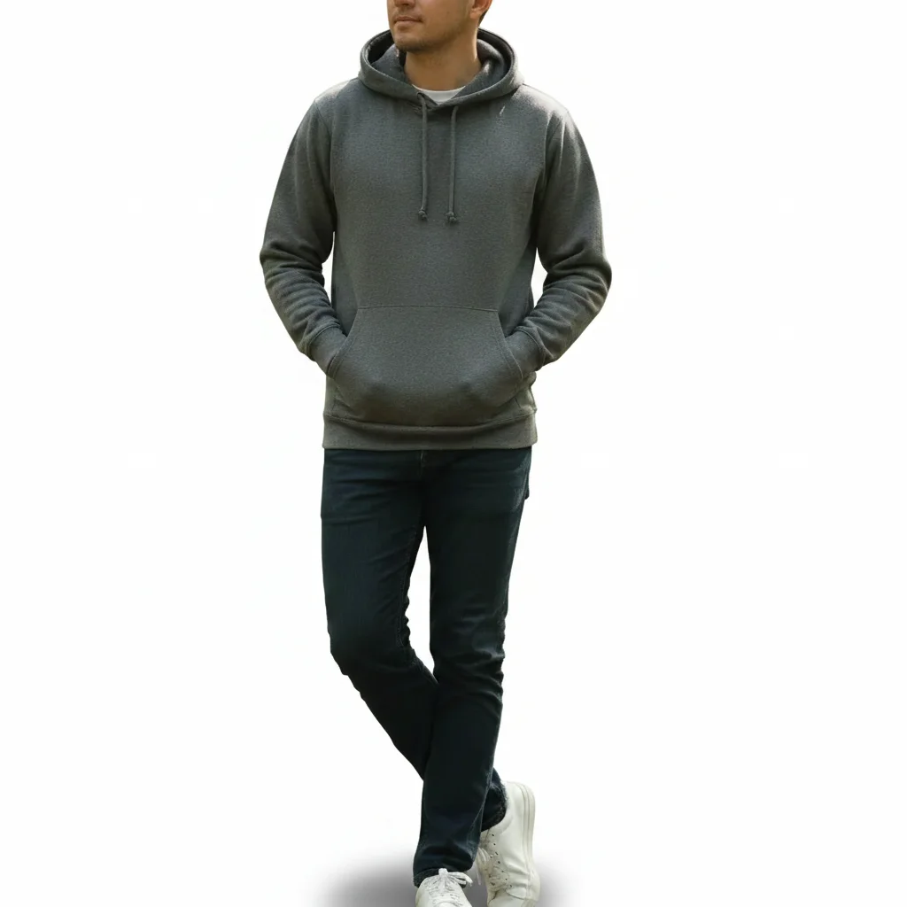 Grey hoodie on white background with soft cast shadow