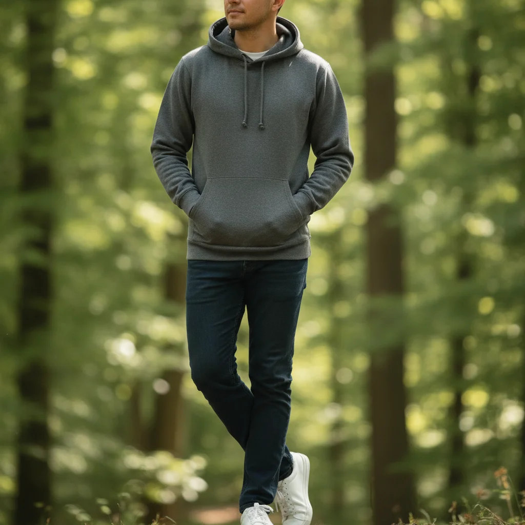 Person in grey hoodie outdoors with blurred green background