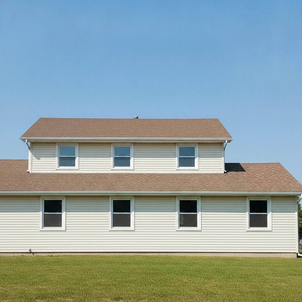 Suburban two-story house with a plain brown asphalt shingle roof
