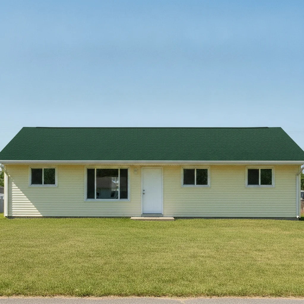 The same ranch house with the roof recolored deep forest green