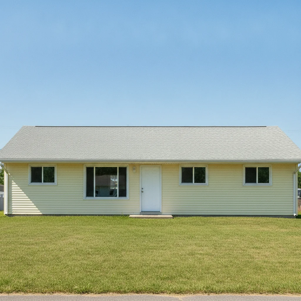 Single-story ranch house with a plain grey shingle roof