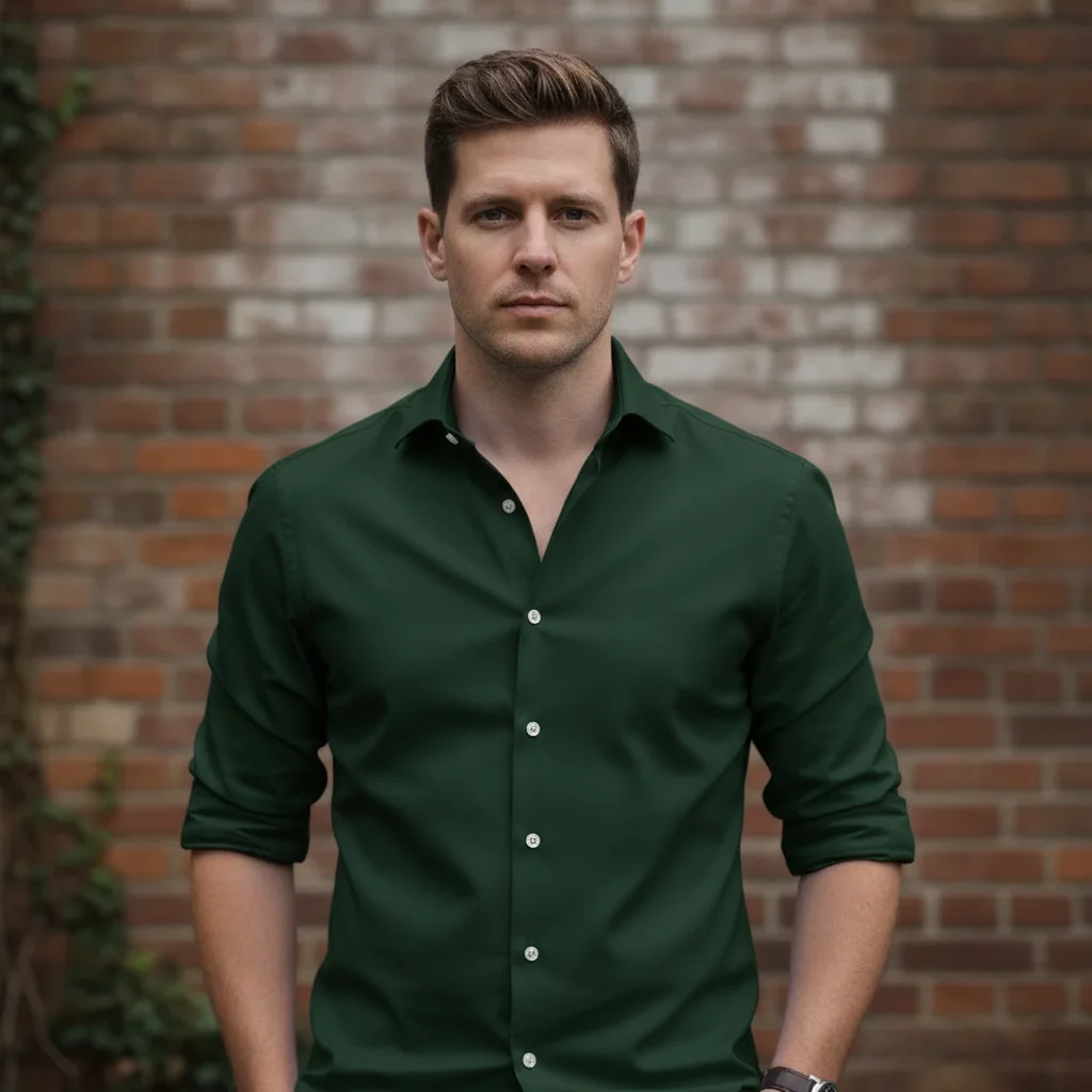 The same man in the same shirt, now deep forest green - same collar, white buttons, cuffs and folds