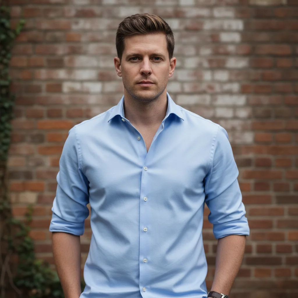 Man in a light blue button-up shirt with rolled sleeves, standing against a brick wall