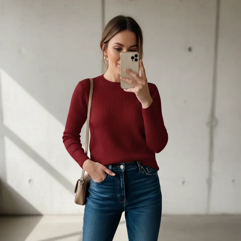 Same woman with sweater color changed to deep burgundy