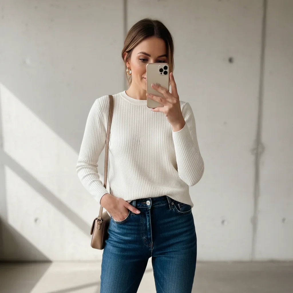 Woman in white ribbed knit sweater taking a mirror selfie