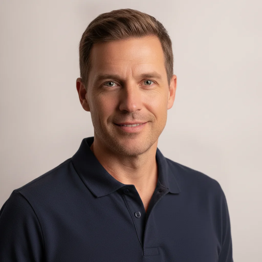 Same man with polo shirt recolored to deep navy blue