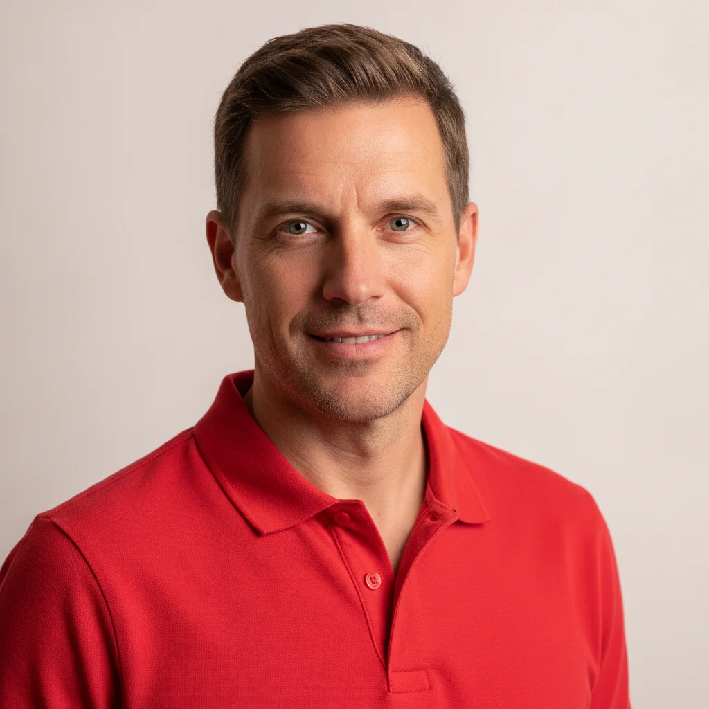 Man wearing a bright red polo shirt