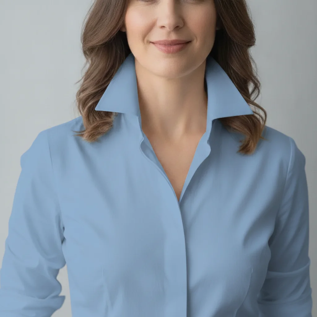 Same woman with button-down shirt recolored to sky blue