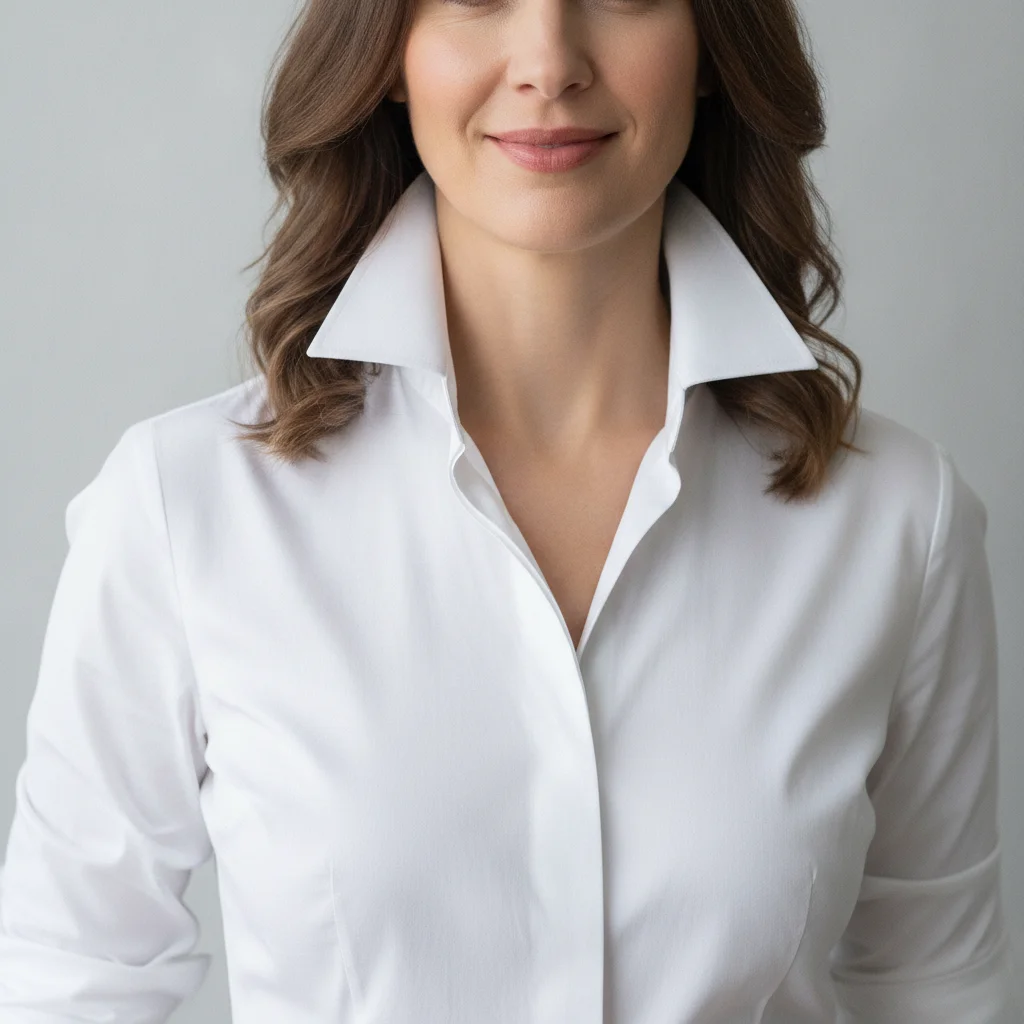 Woman in crisp white button-down shirt against light grey background
