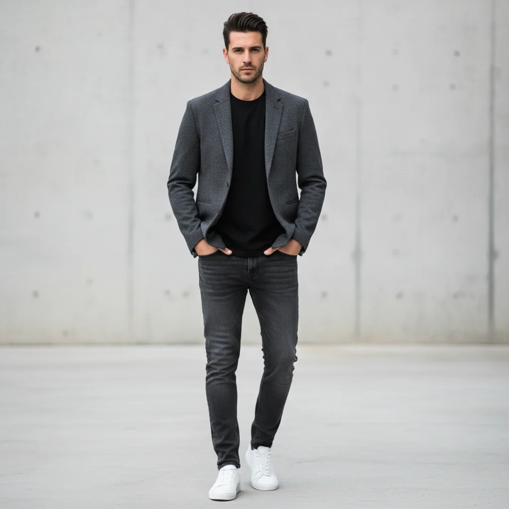 Man in dark grey jeans and dark jacket wearing bright white sneakers