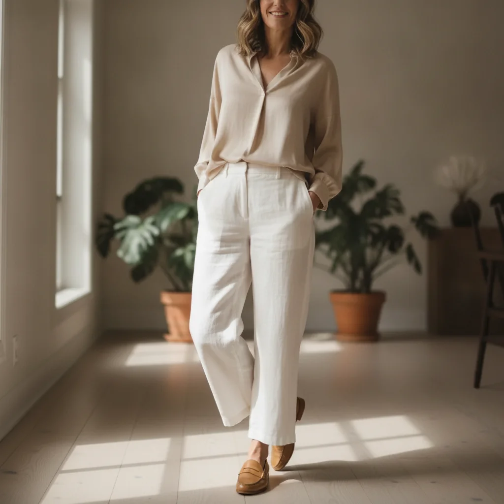 Same woman with loafers recolored to camel tan