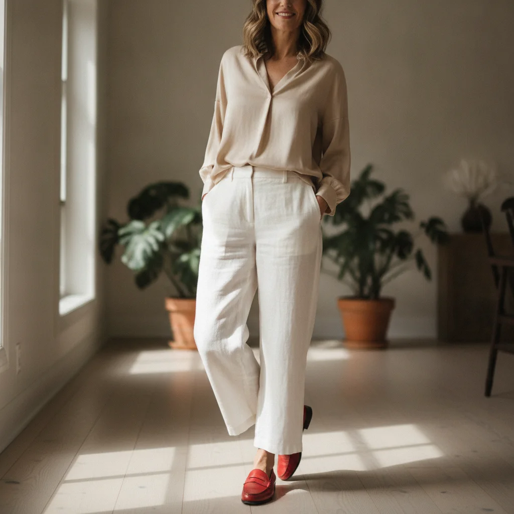 Woman in cream trousers and beige blouse wearing bright red leather loafers
