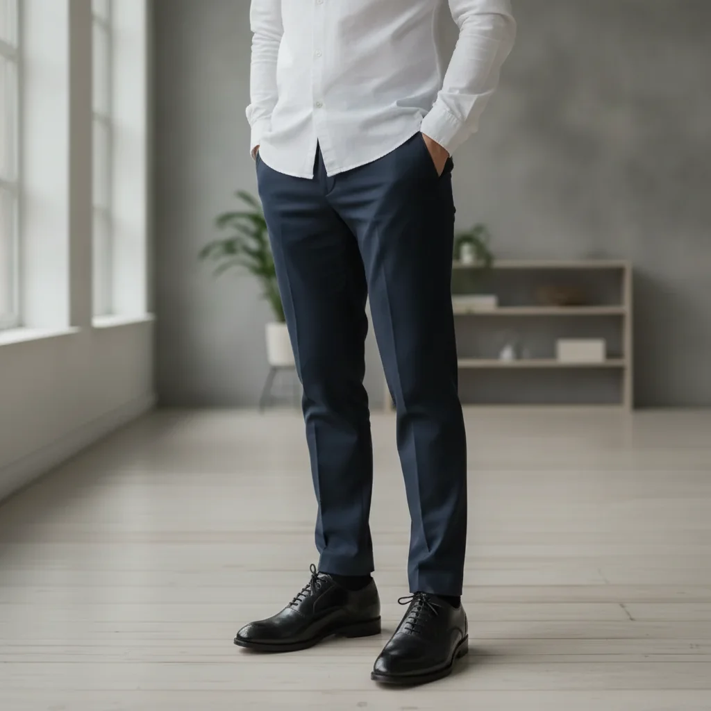 Same man wearing polished black Oxford dress shoes