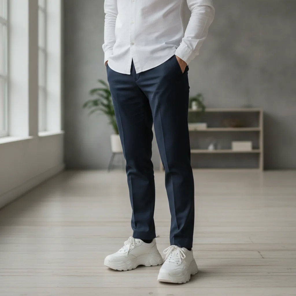 Man in dark navy trousers and white shirt wearing white chunky sneakers