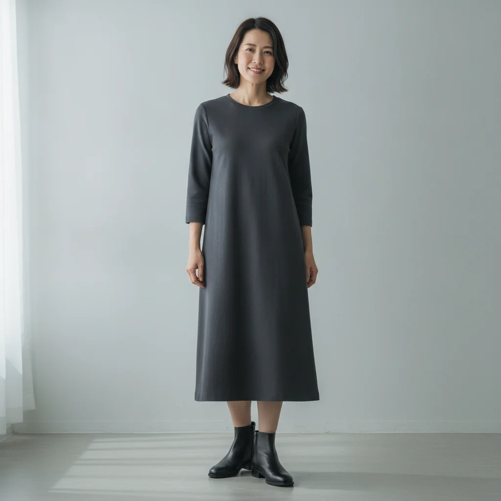 Woman in dark midi dress and flat black ankle boots