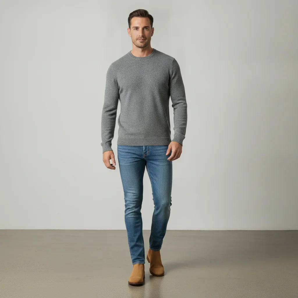 Same man wearing the tan Chelsea boots from the reference image