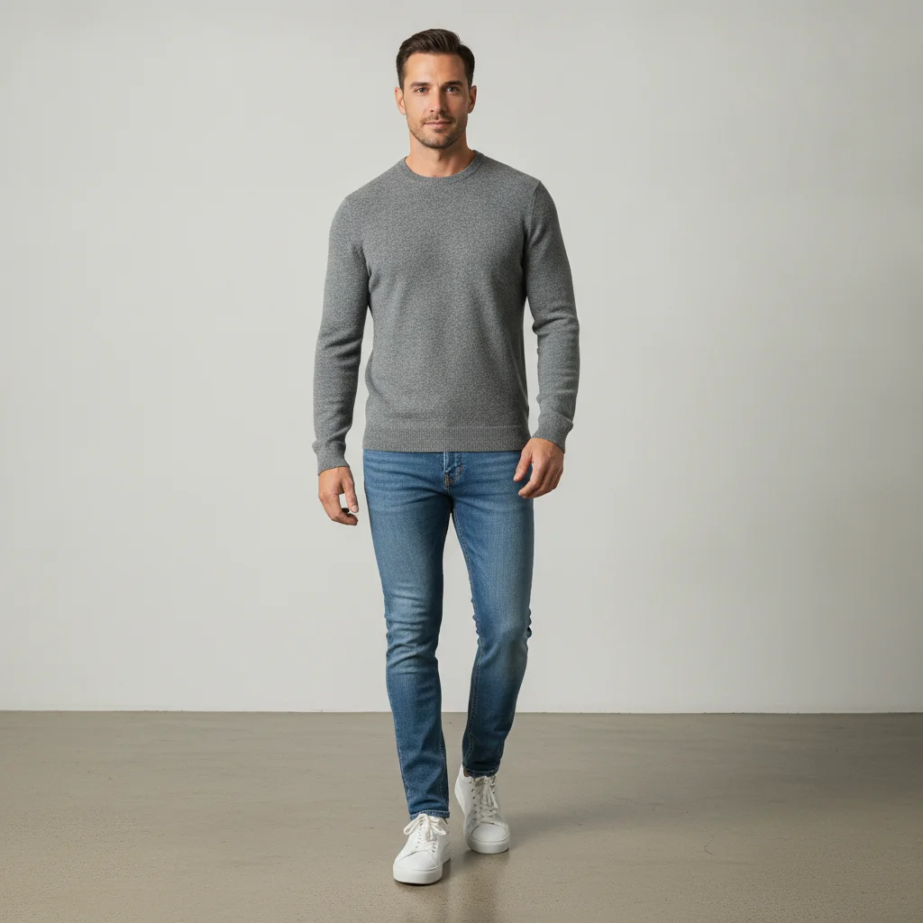 Man in jeans and grey sweater wearing white lace-up sneakers
