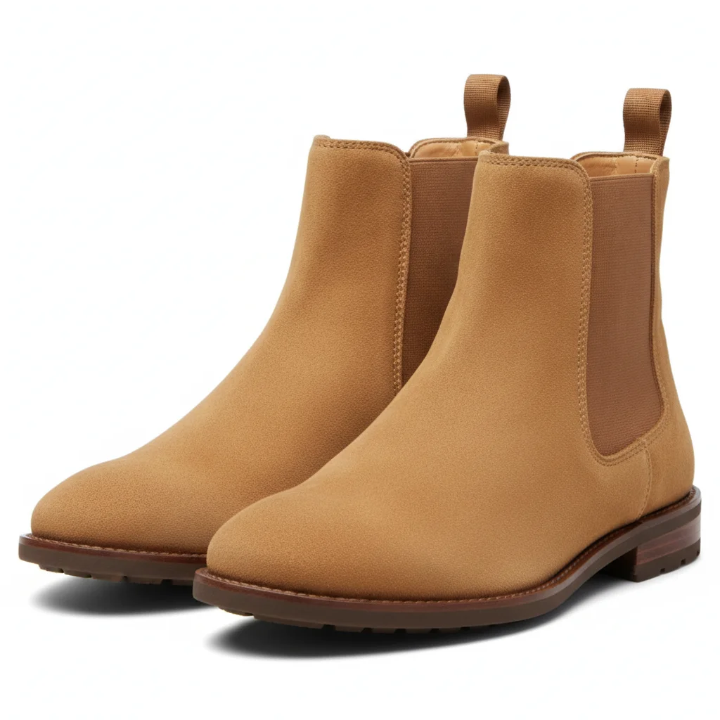 Tan suede Chelsea ankle boots product photo on white background