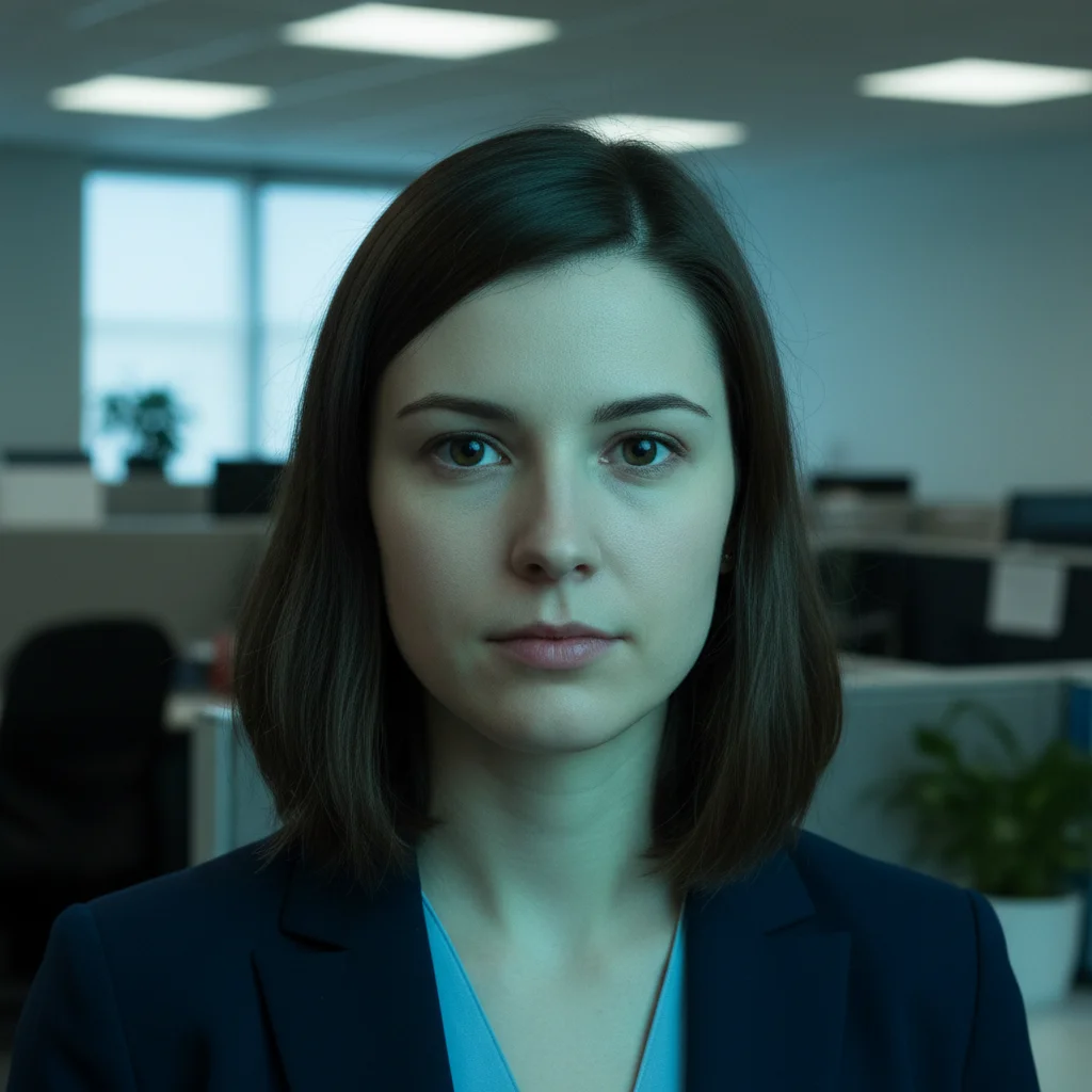 Headshot with blue-green cast from office lighting