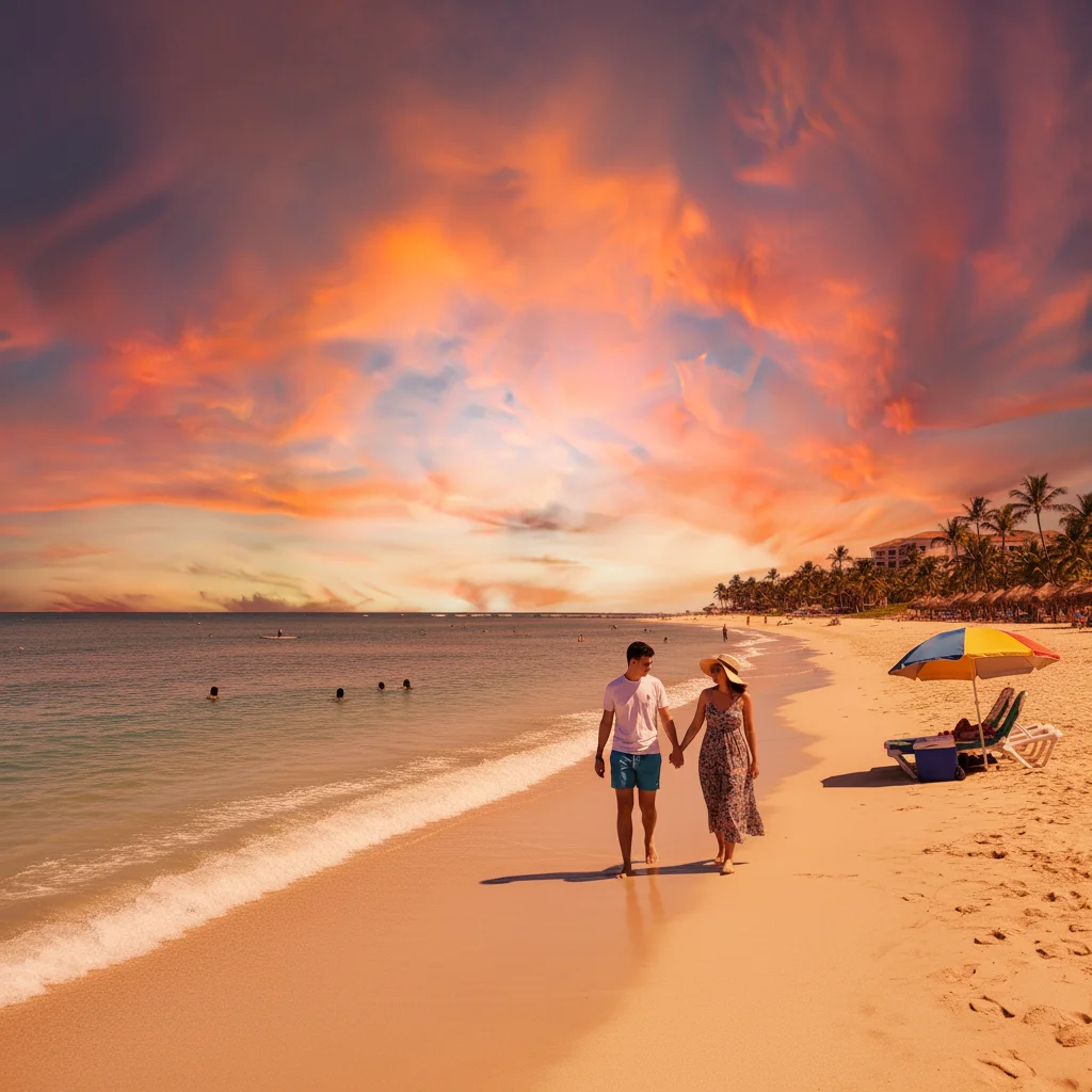 Same beach with dramatic orange and pink sunset sky